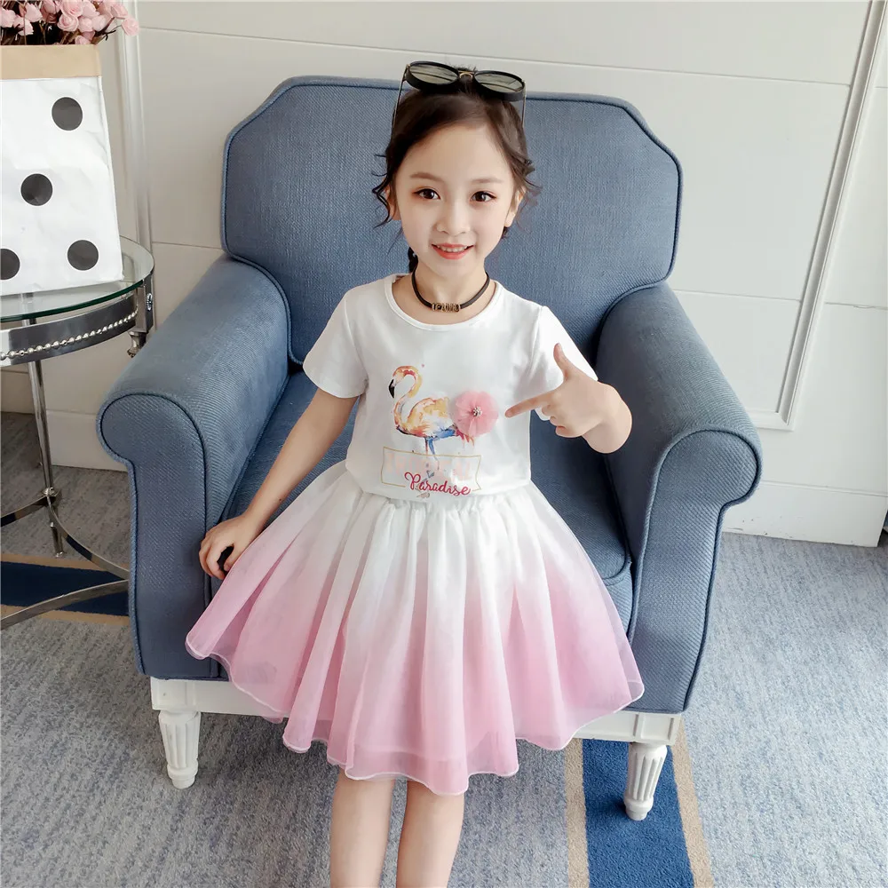 

Summer 2019 For girls kid's sweet short sleeve cartoon Flamingo t-shirt tops+Gradient girls skirts princess 2 pcs clothing set