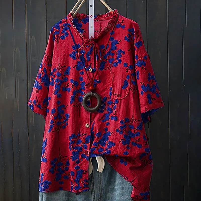 

Cotton Short Sleeve Floral Print Women Blouses O-neck Button Vintage Female Shirts 2019 Summer Fashion Casual Loose Femme Tops