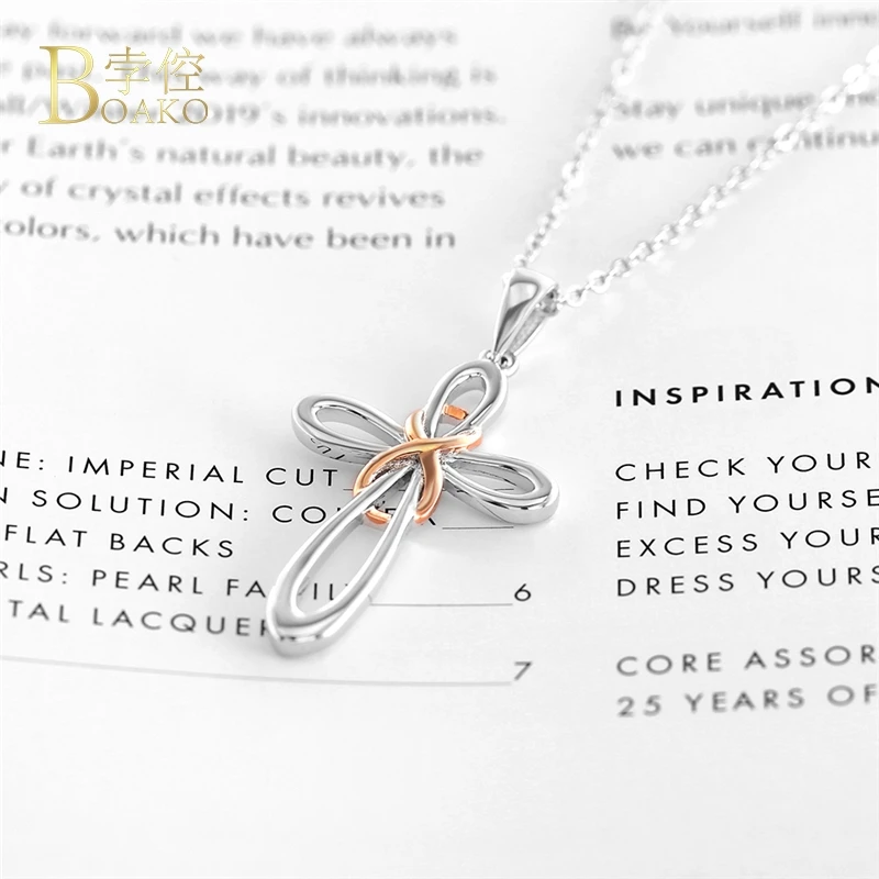 

BOAKO Elegance Two-tone Cross Pendant Necklaces for Women Trendy Christian Jesus Crystal Necklace Jewelry Gift Collares B3