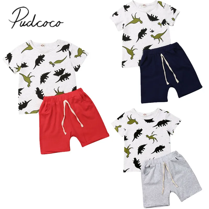 

2019 Baby Summer Clothing Toddler Kids Baby Boy Clothes Dinosaur Short Sleeve T Shirt Tops Shorts Pants 2Pcs Outfits Sets 1-4Y
