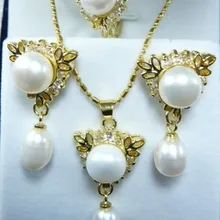 noblest 12 мм с белыми жемчужинами 18kgp кулон серьги и кольцо(#7.8.9) ювелирный набор