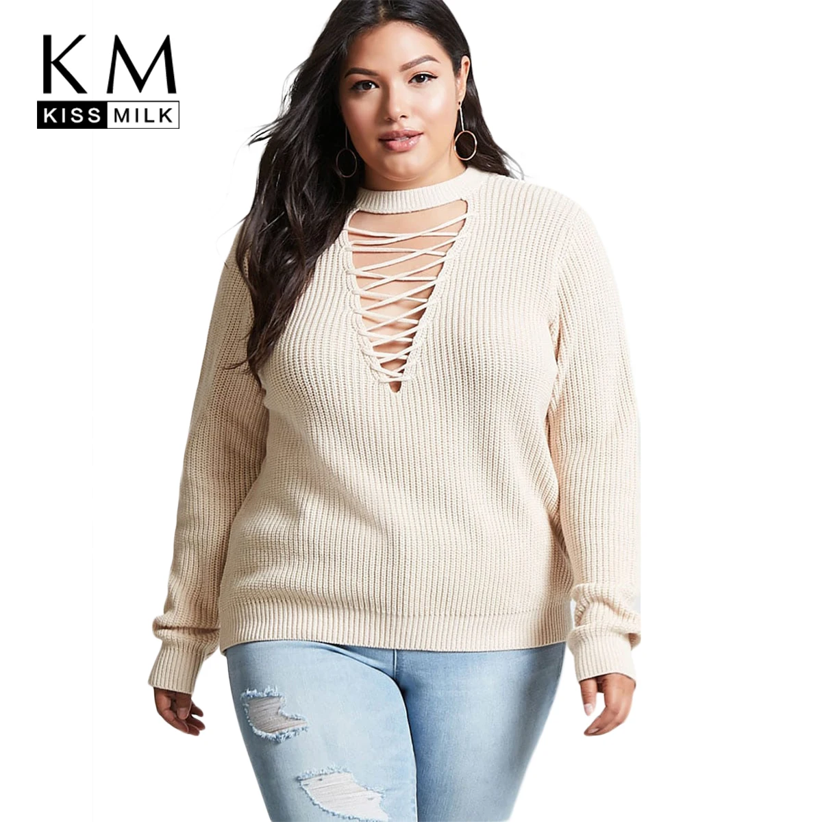 

Kissmilk 2018 Plus Size Solid Women Sweater Hollow Out Crossed Large Size O-neck Female Clothing Big Size Sexy Lady Pullovers