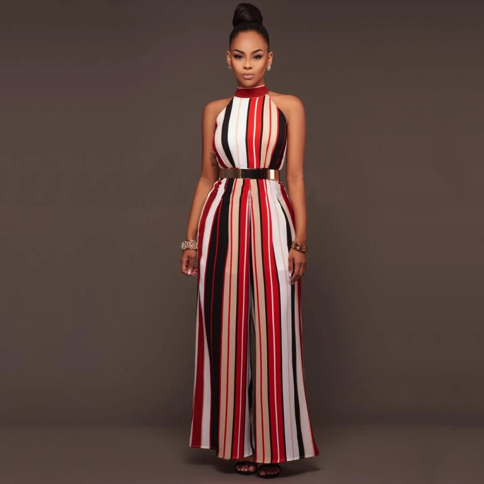 Women's Daily Club Vintage Striped Turtleneck Jumpsuits Wide Leg