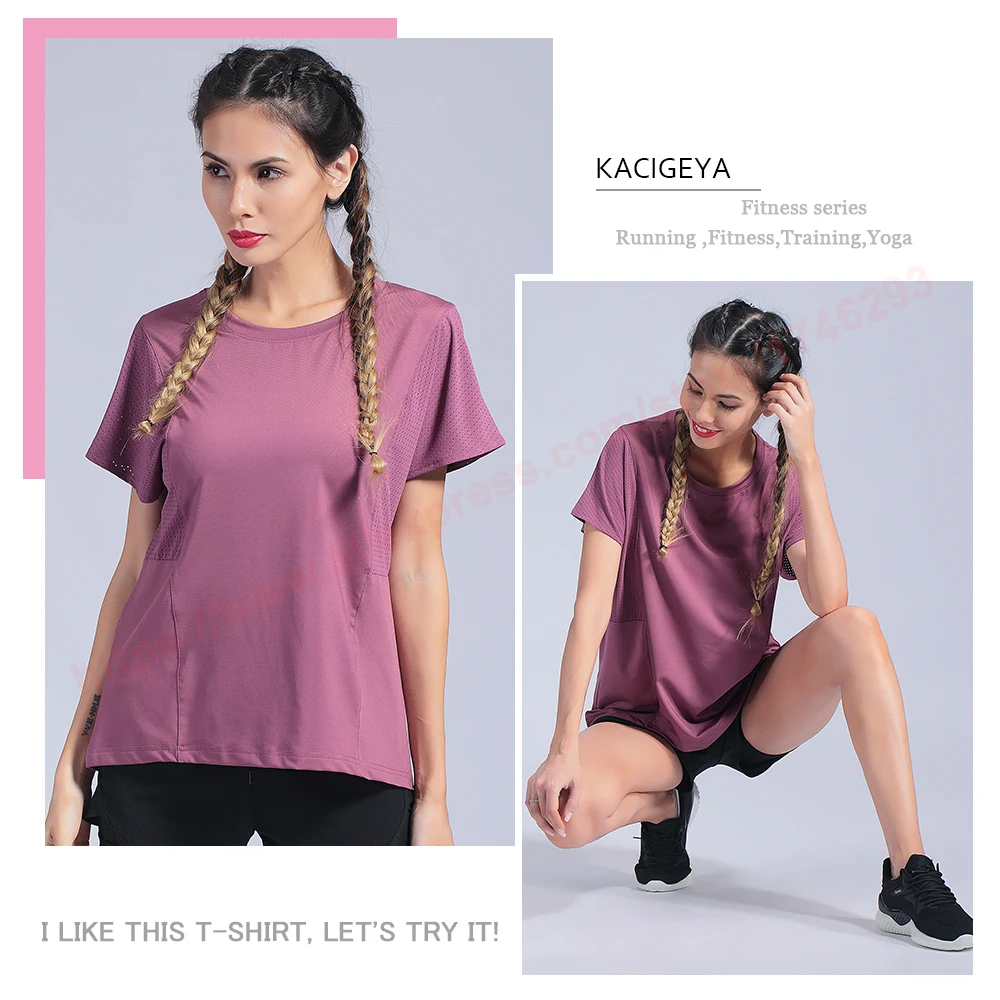 Running Patchwork Shirts Mesh Yoga Fitness Shirts Loose Workout Tee Breathable Women Sport Shirts Causal Short Sleeve