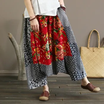 

National Style Women Vintage Floral Print Pants New 2018 Autumn Summer Patchwork Loose Elastic Waist Cotton Linen Trouser Pants