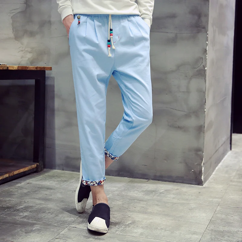 

2019 Summer Cotton Linen Men Pants Size S M L XL 2XL 3XL Khaki blue green black Men's Lace up Ankle-Length Pants