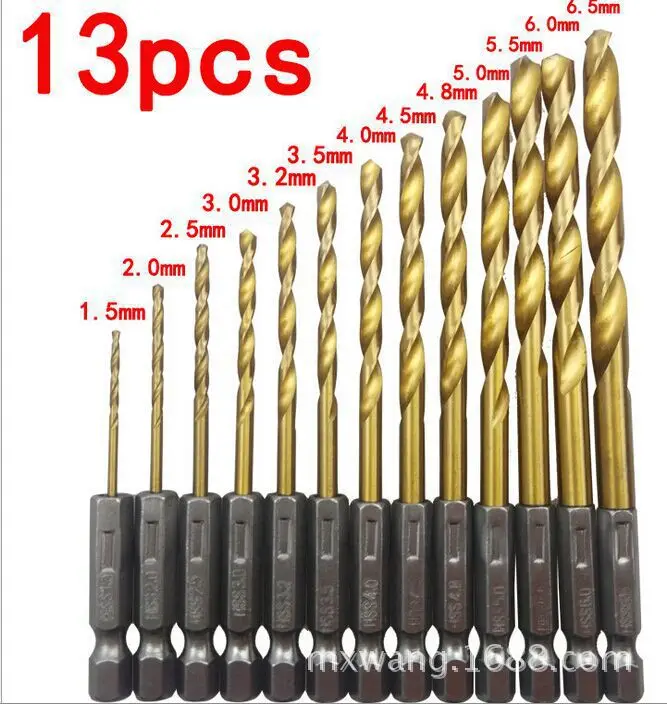 

high quality 13pcs HSS hexagonal shank drill twist electric screwdriver bit group 1.5-6.5mm titanium set hole