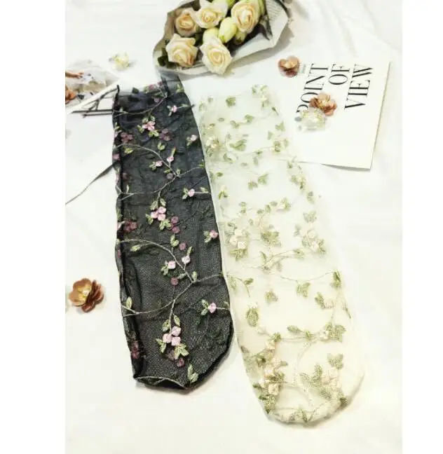1 Pair Summer Transparent Mesh Bright Sexy Fishnet Long Sockings Loose Fashion Flower Printed Funny Women's Glass Socks