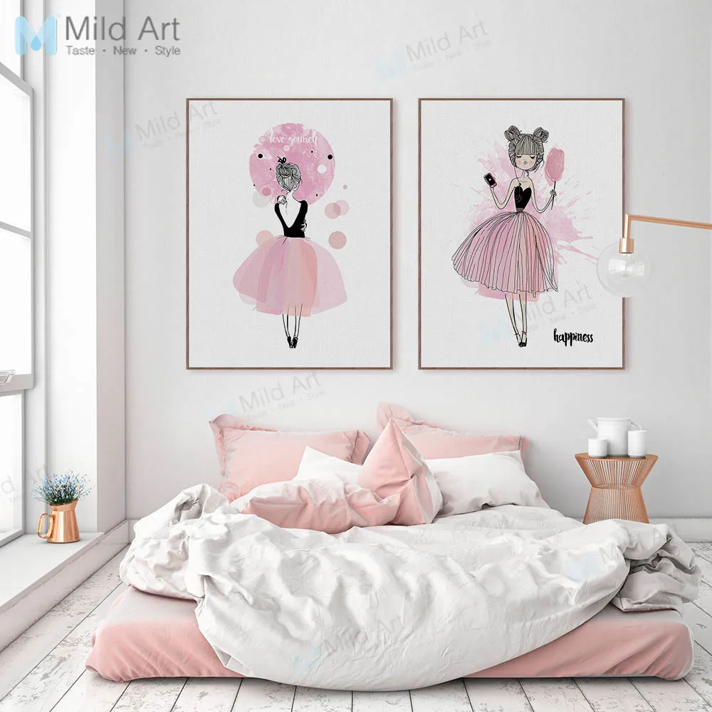 

Romantic Pink Diamond Ballet Girls Home Decoration Baby Kids Room Posters And Prints Modern Nordic Canvas Paintings Wall Art