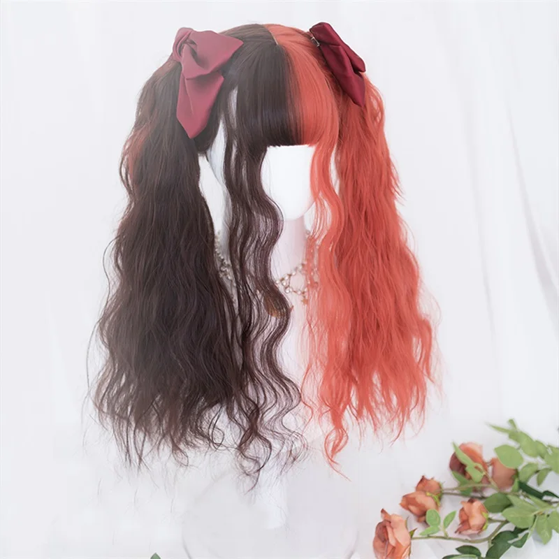 Косплей салон H762486 Лолита 65 см длинные вьющиеся черные смешанные кирпичные красные Омбре челки синтетические милые куклы леди косплей парик+ Кепка