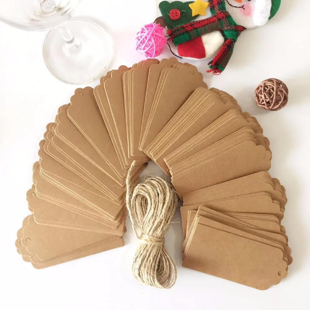100PCS Natural Brown Kraft Paper Tags With Jute Twine Wedding Party 