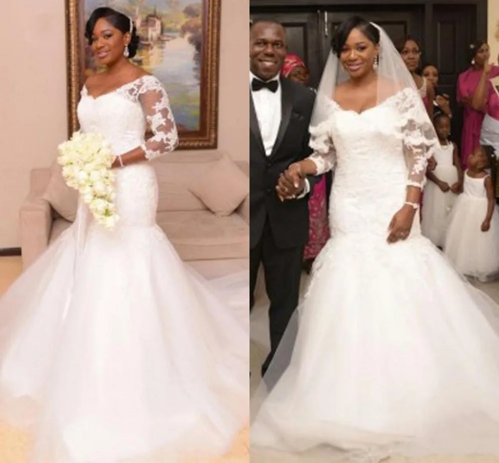

Hot Sale 3/4 Sleeves Lace Wedding Dresses 2019 Tulle Sweep Train Cheap Bridal Gowns Custom made