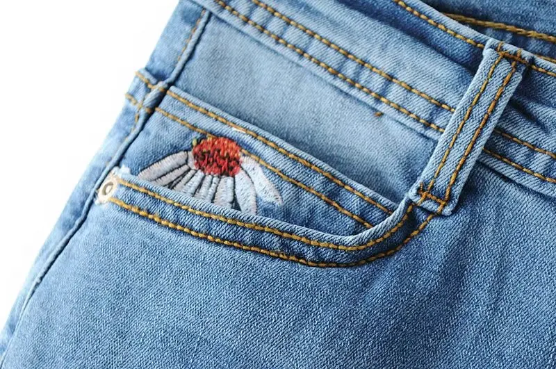 Осенние модные женские джинсы с вышивкой подсолнуха потертые рваные расклешенные брюки джинсы