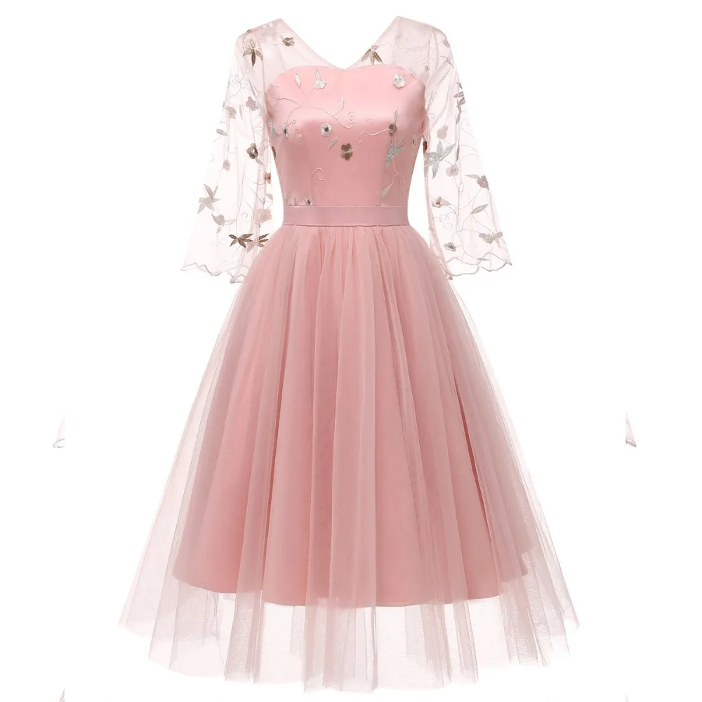 Рождественское вышитое Сетчатое розовое платье в винтажном стиле ретро с рукавом 2/3 женское бальное платье средней длины платья с открытой спиной элегантное платье - Цвет: Розовый