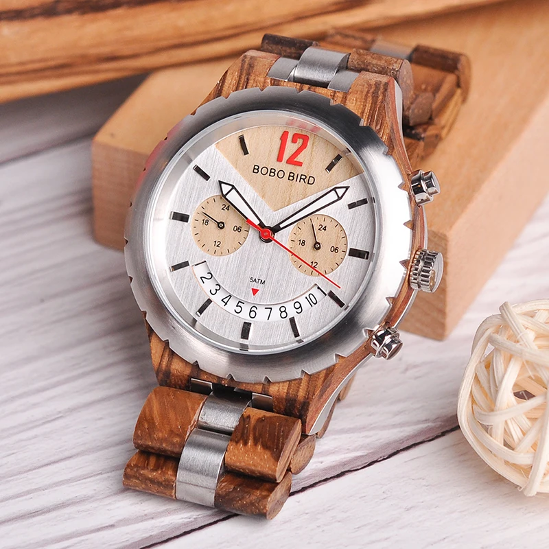 BOBO BIRD Luxury Woode Mens Watches Top Brand Waterproof Stainless Steel Watch with Date Display orologi acciaio uomo