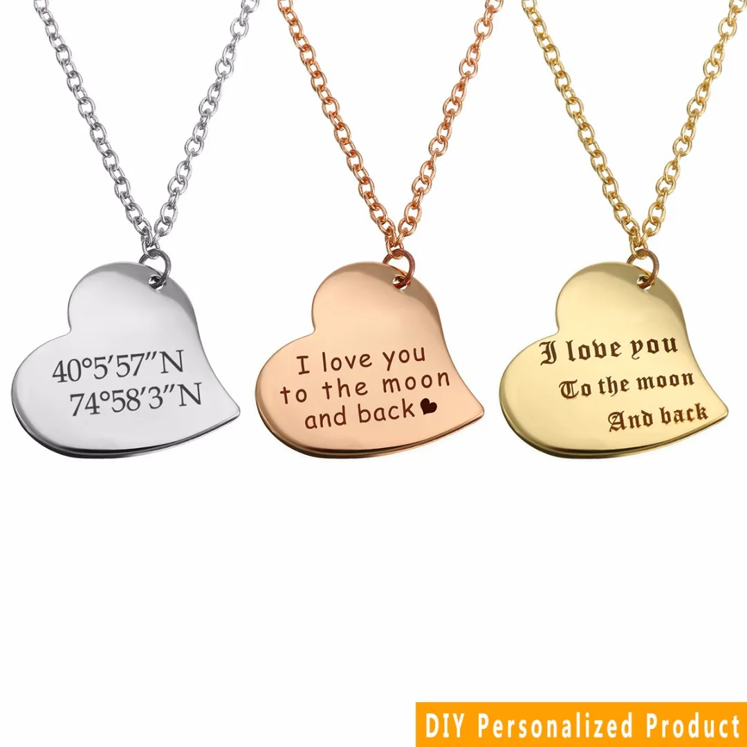 Unisex Statement Personalized Necklace Engrave Name Date ID Heart Pedant Necklace Silver Chain Charm Wedding Jewelry Gift