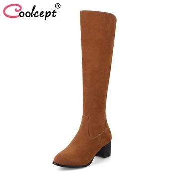 

Coolcept Office Lady High Heels Boots Zipper Round Toe Warm Fur Shoes Women Winter Knee High Boots Fashion Shoes Size 32-43