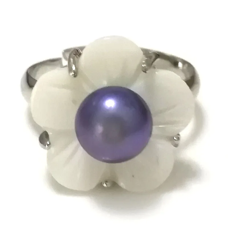 

7# 7-8mm Black Natural Women Button Pearl Adjustable Shell Flower Ring