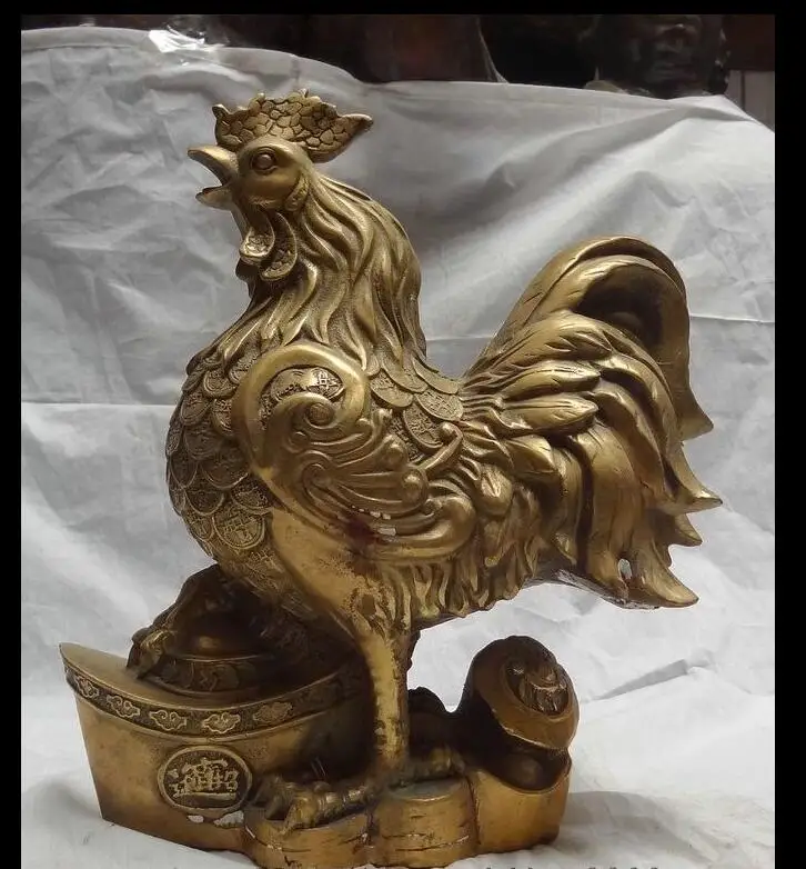 

880070216<<<11" Folk Chinese Brass Year Zodiac Wealth Cock Rooster On YuanBao Coin Statue