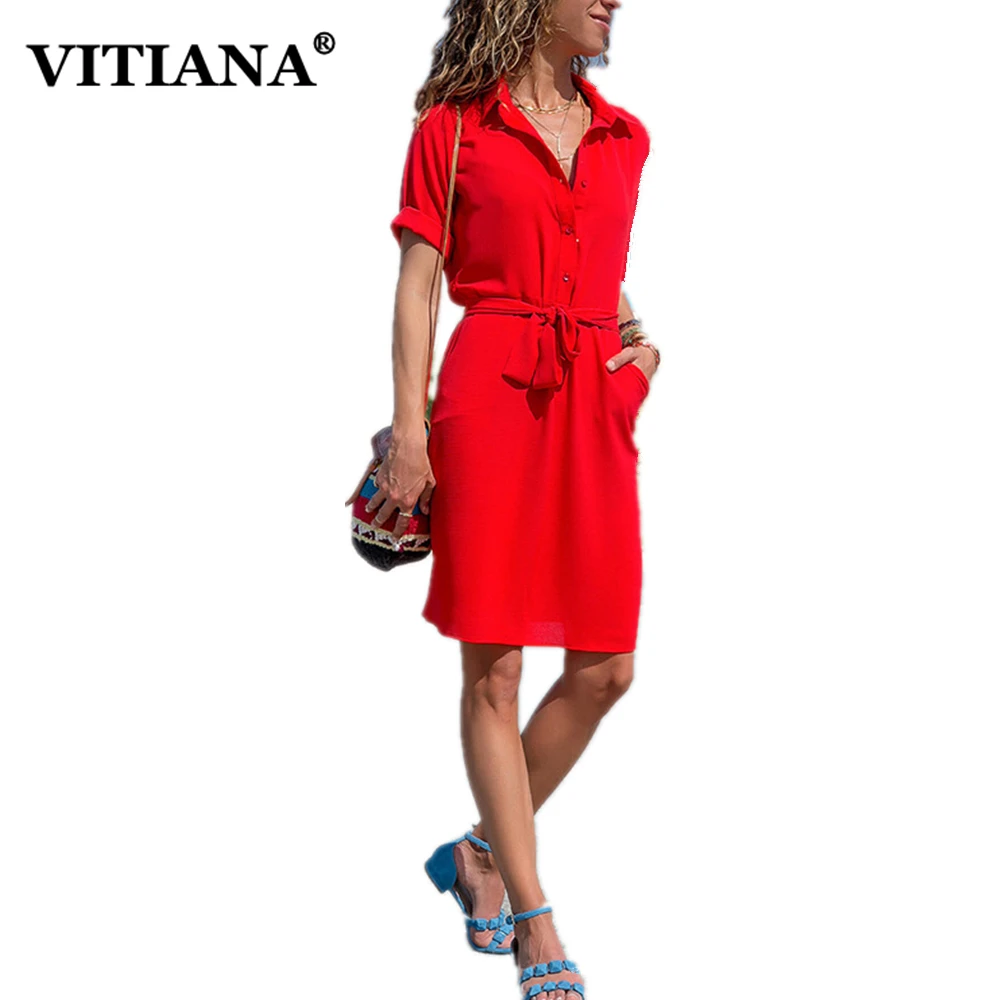 VITIANA Women Office Work Pencil Dress Female 2018 Autumn Short Sleeve Solid Blue Button Belt Elegant Casual Dresses Vestidos Dresses