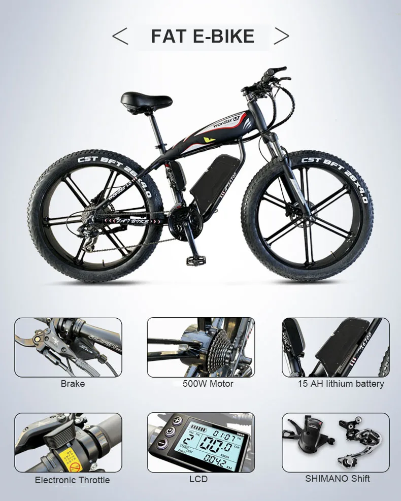 Cheap Custom 26inch Ebike electric mountain bicycle fat 4.0 tries snow beach bike off-road 6 spoke wheel 48V 500W electric 15