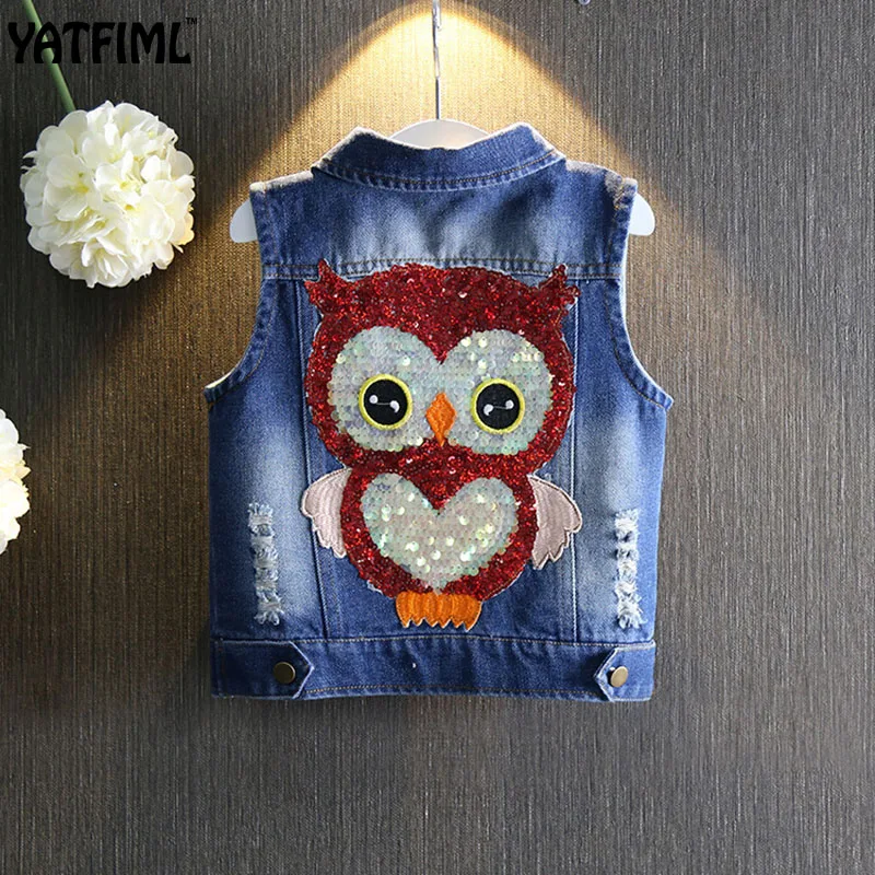 

YATFIML 2017 Spring Autumn girls outerwear Children's cartoon Owl Applique Coat Cowboy waistcoats Length jacket Girls vest 2-6T