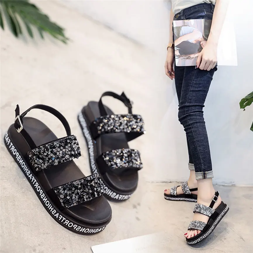 

SAGACE Women's Sandals Women's Sequins Roman Sports Open Toe Platform Shoes Non-Slip Flat Sandals A#11
