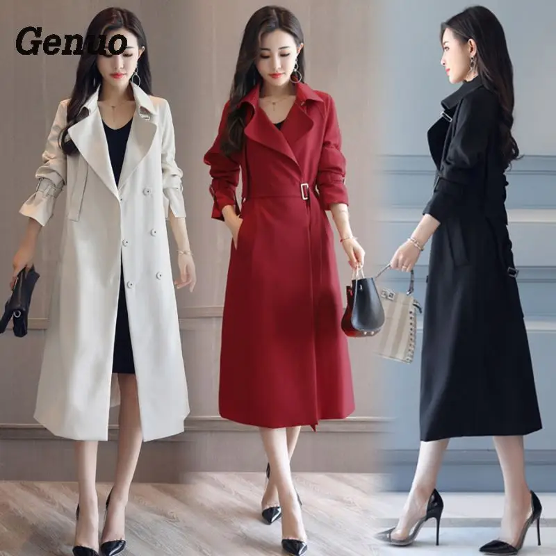 

Fashion Spring Autumn Long Trench Coat for Women Belted Office Lady Slim Black Red Beige Long Trench Female Outerwear Genuo Coat