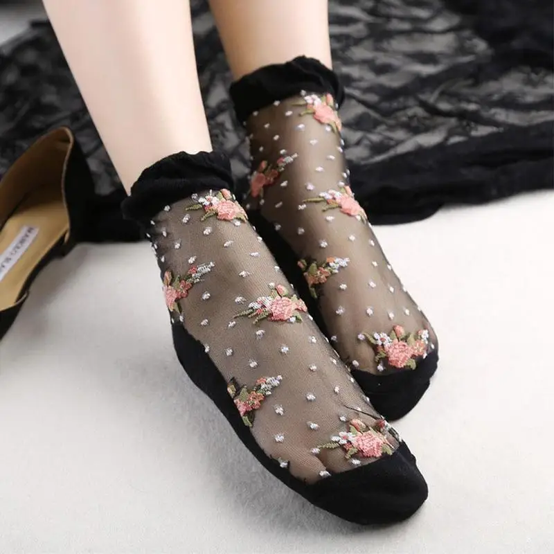 BTLIGE Summer Women Lace Socks Floral Applique Crew Short Sheer Mesh