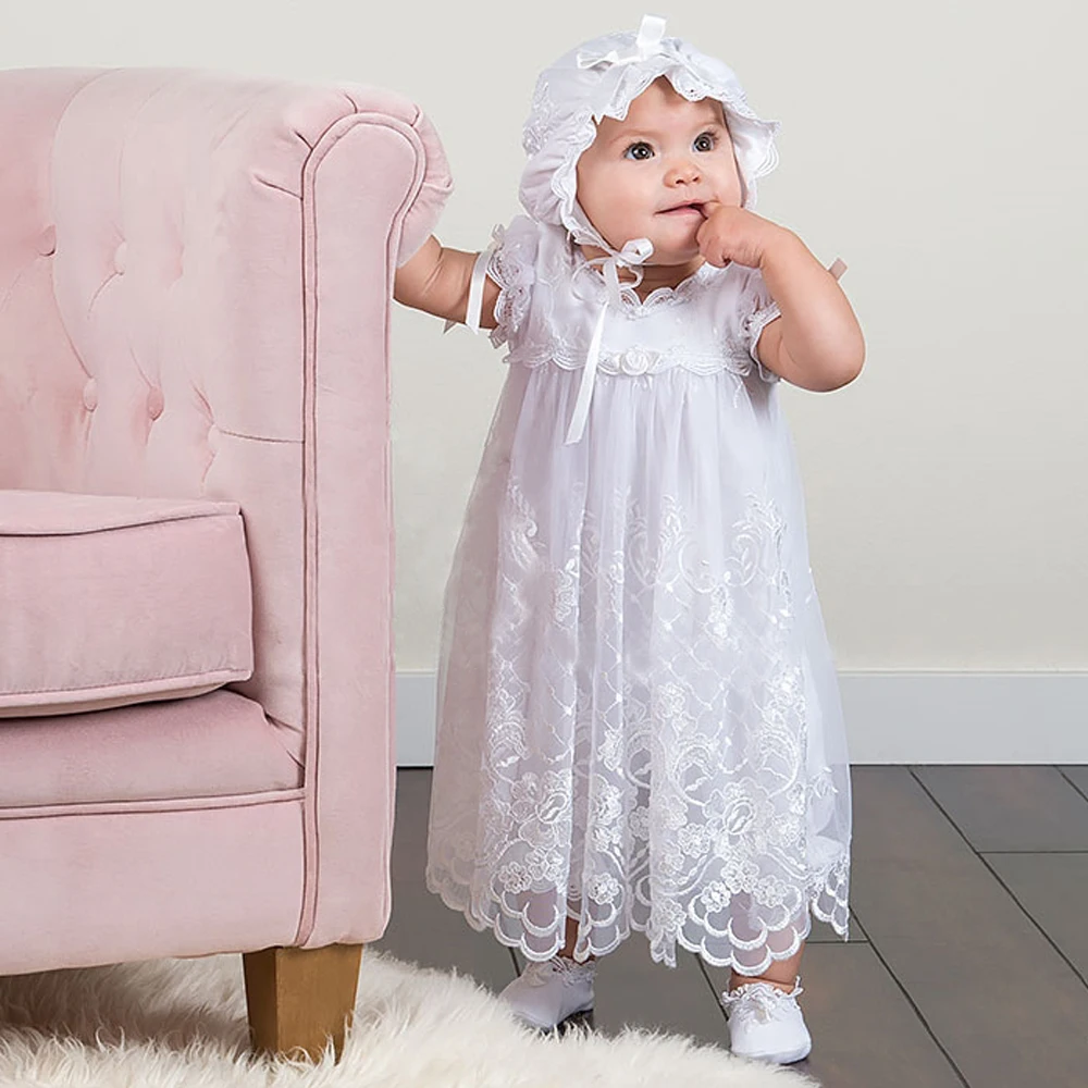 

With Hat Baby Girl Christening Dresses European Style Puff Short Sleeves Floor Length Lace Princess Baby White Baptism Gowns