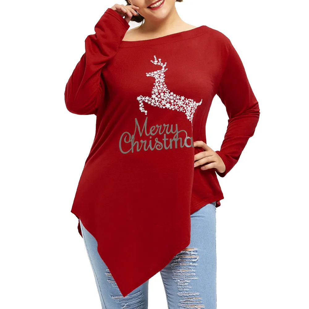 JAYCOSIN XL 5XL Tops Women Plus Size Merry Christmas Print Polyester