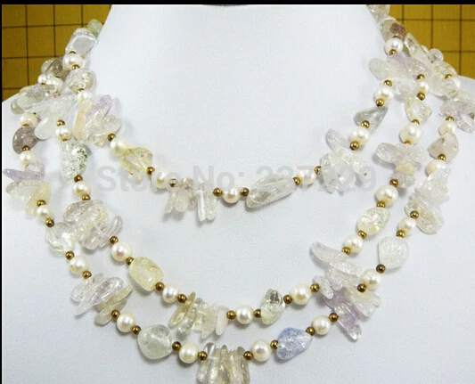 

HOT## Wholesale price FREE SHIPPING^^^^3 Rows Real White Pearl Crystal 18KGP Small Beads Necklace
