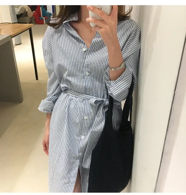 Colorfaith 2021 Women Dresses Spring Summer Elegant Casual Striped Shirt Dress Cotton and Linen Lace Up Single Breated DR1800 2