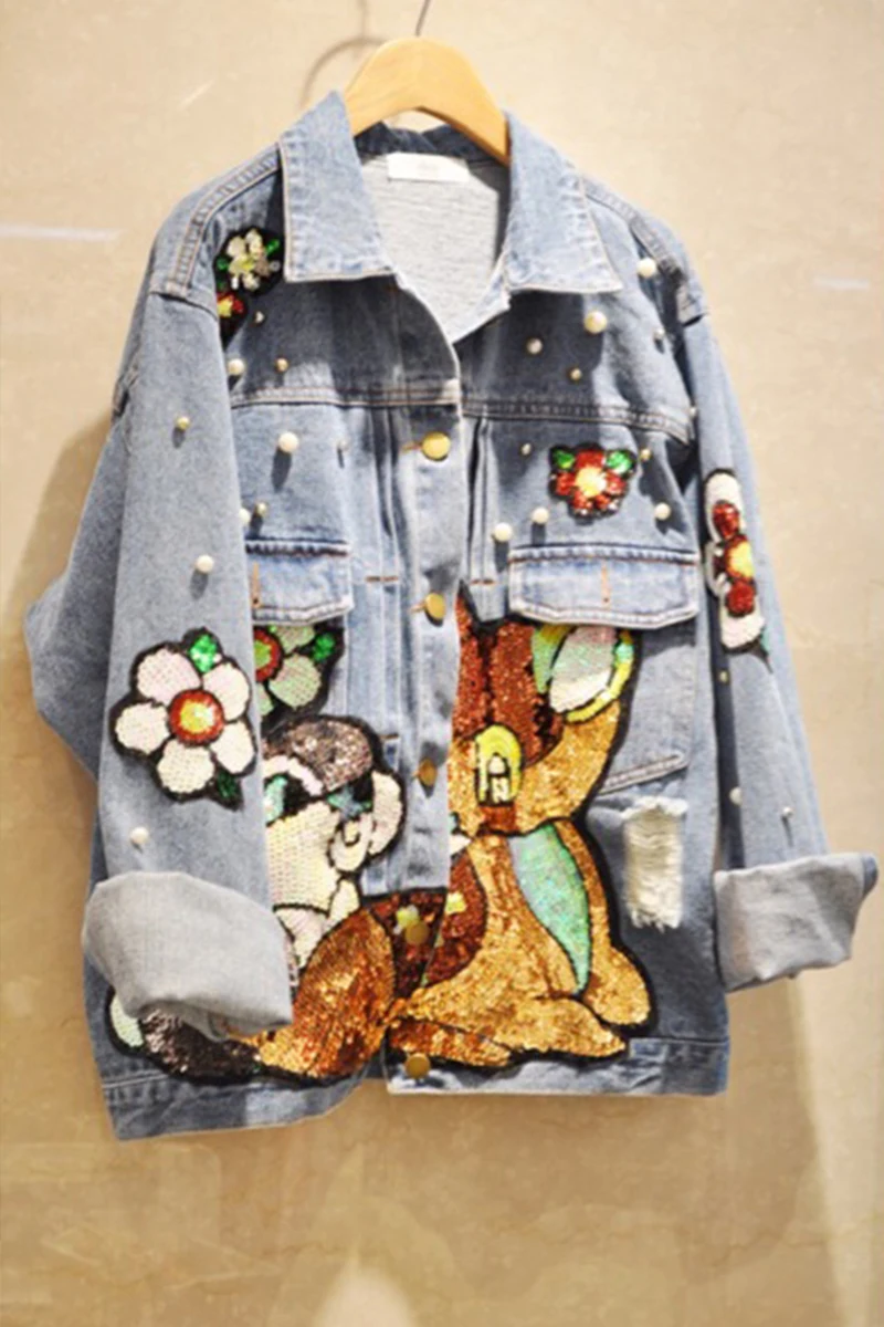 Куртка-бомбер с блестками и цветочной вышивкой; джинсовое пальто для женщин в ковбойском стиле; повседневная куртка на пуговицах с блестками; шикарная верхняя одежда