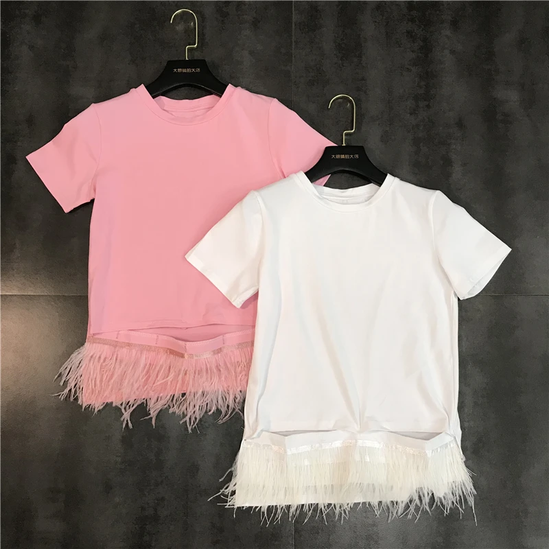 

2019 Spring New Hem Feather Tassel T Shirt Women Round Neck Solid Color Half Sleeve Short-sleeved T-shirt