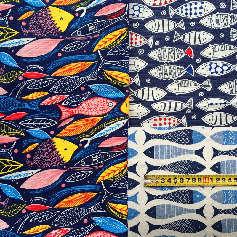 

90 x 140 cm leaf and colorful fish printed canvas fabric for pillows cushions table cloth shoes backpack