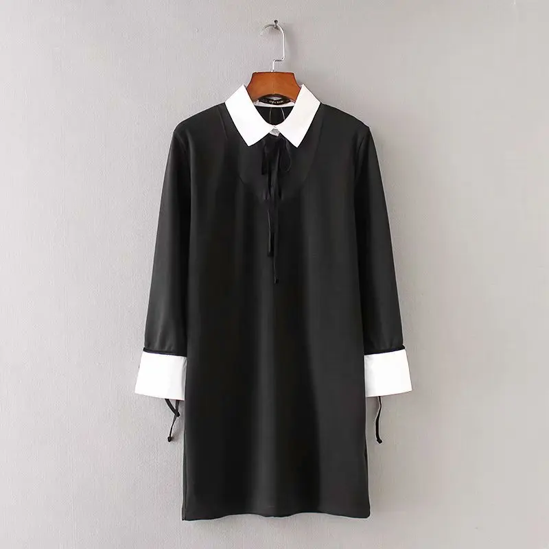 

Summer Fashion Dress Women Tie Elegant White Collar Long Sleeve Loose Vintage Dress