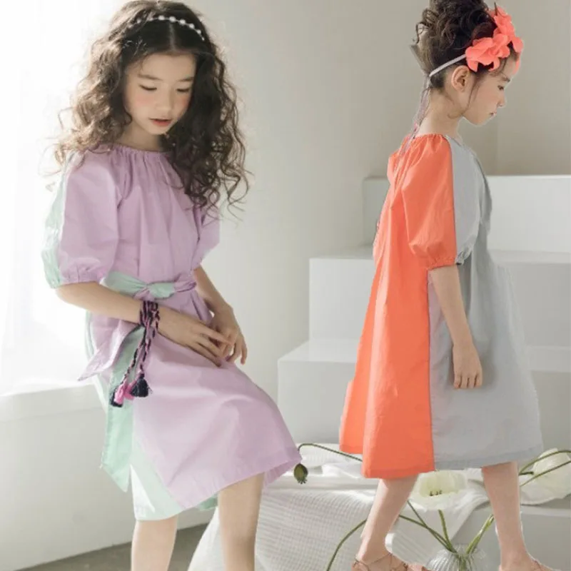 Платье для девочек-подростков; сезон лето; цвет серый, оранжевый, фиолетовый, зеленый; праздничное платье в стиле пэчворк для девочек с поясом; Новинка года; одежда для мамы и дочки