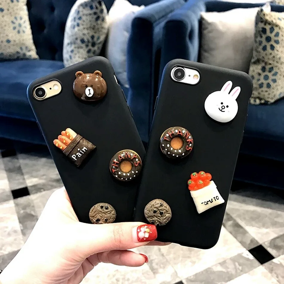 Axbety Kawaii DIY Cartoon Case For Samsung Galaxy A6 Plus S8 2018 S6 S7 S8 S9Plus Bunny Cony Bear Brown Soft Cover with Lanyard