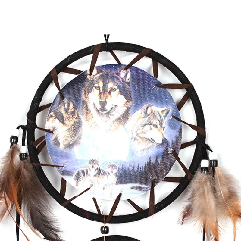 Atrapasueños hechos a mano campanas de viento patrón de lobo pluma colgante atrapasueños colgante regalo decoración del hogar Accesorios Adorno
