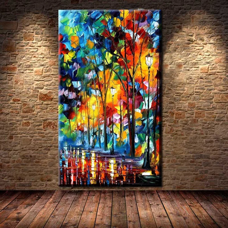 

Large Hand Painted Modern Palette Knife Oil Canvas Painting Astract Art Tree Lamp Night Scenery Wall Picture Entrance Wall Decor