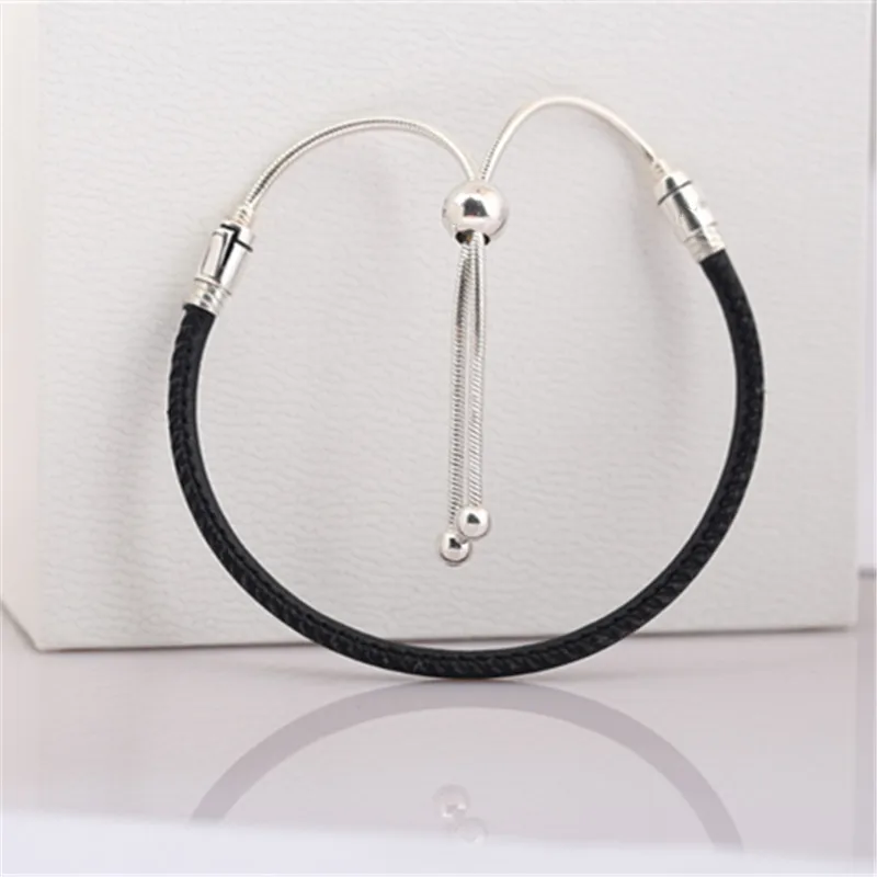 

Promotional new fit original 925 sterling silver black leather adjustable bracelet for women diy charm beads fashion jewelry