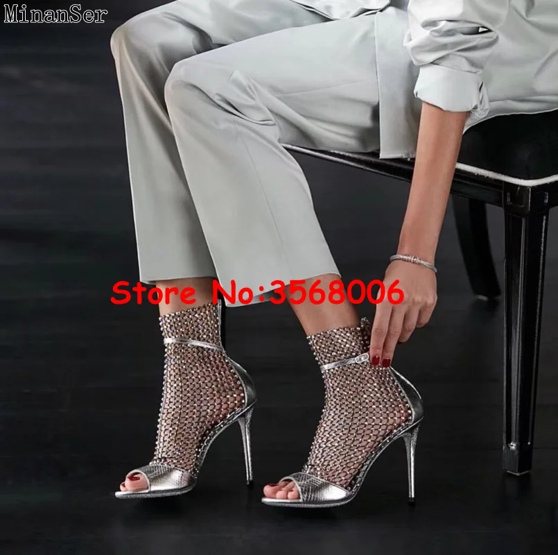 

Hot Sale Buckle Strap Mesh Lady Stiletto Rhinestone Ankle Booties Shoes Classic Peep Toe Rome Party Dress Sandals High Heels