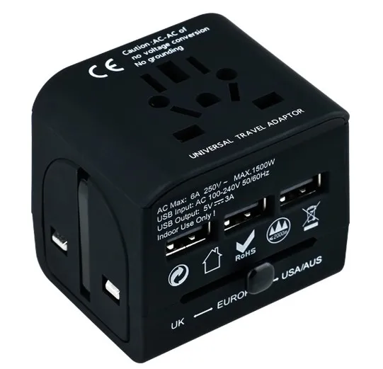 Все в одном адаптер для путешествий Универсальный адаптер питания 3 Usb по всему миру адаптер переменного тока настенное зарядное устройство для Великобритании/ЕС/Австралии/США - Цвет: Black