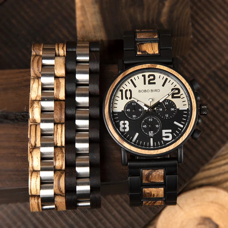 Relogio Masculino BOBO BIRD Wood Watch and Fashion Bracelet Men Quartz Wristwatches Chronograph Timepiece In Wood Box L-R25