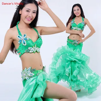 

2018 New Luxury 3 Piece Set (Bra Skirt Belt) Belly Dance Costume Women Drill Handmade Oriental Dance Competition Stage Skirt