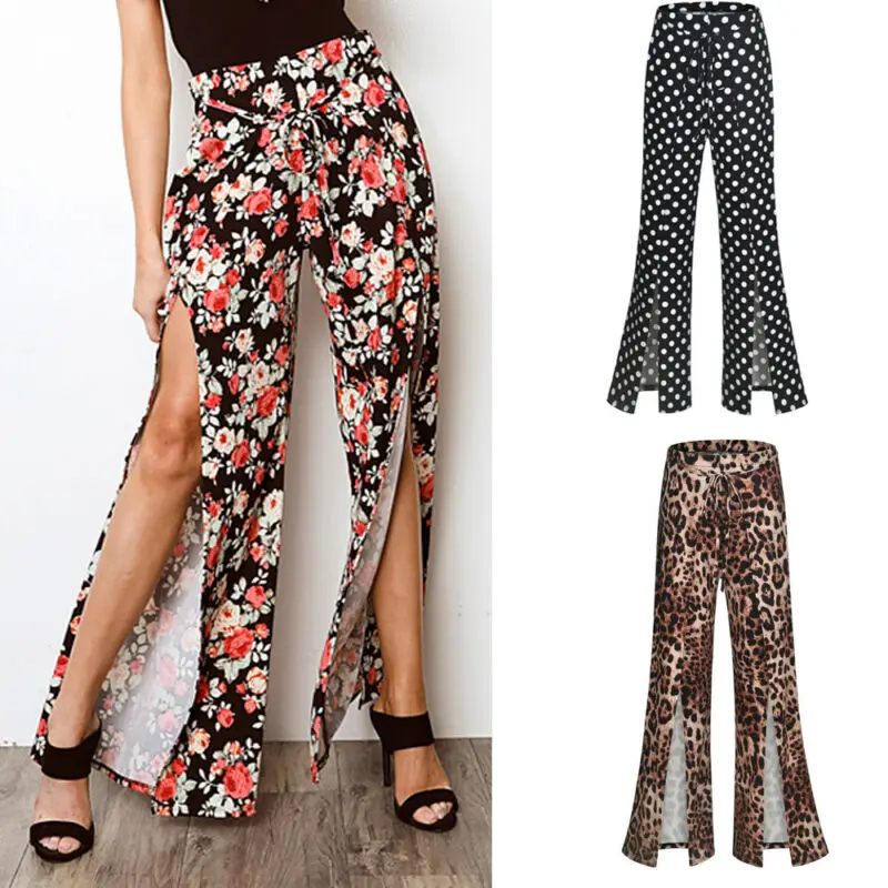2019 женские брюки Boho, широкие брюки с высокой талией, свободные брюки, плюс размер, цветочные брюки в горошек, леопардовые расклешенные брюки