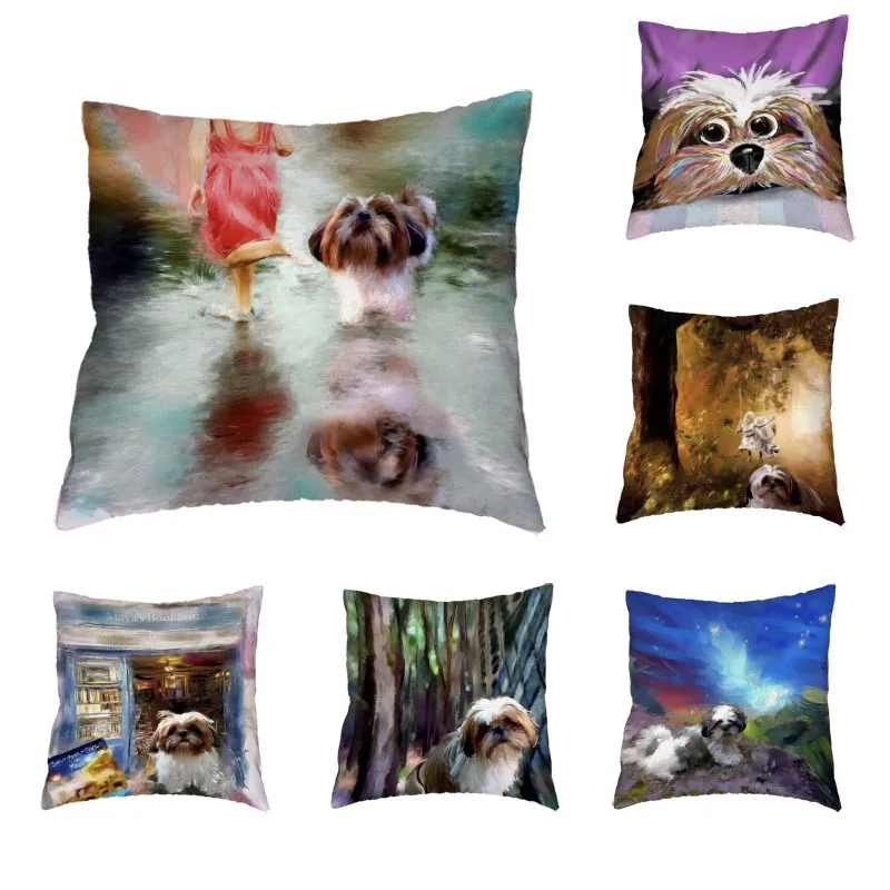 

Classical Puppy Pattern Cushion Cover Polyester Peach Skin Lovely Personality Shih Tzu Colorful Oil Painting Pillow Decoration