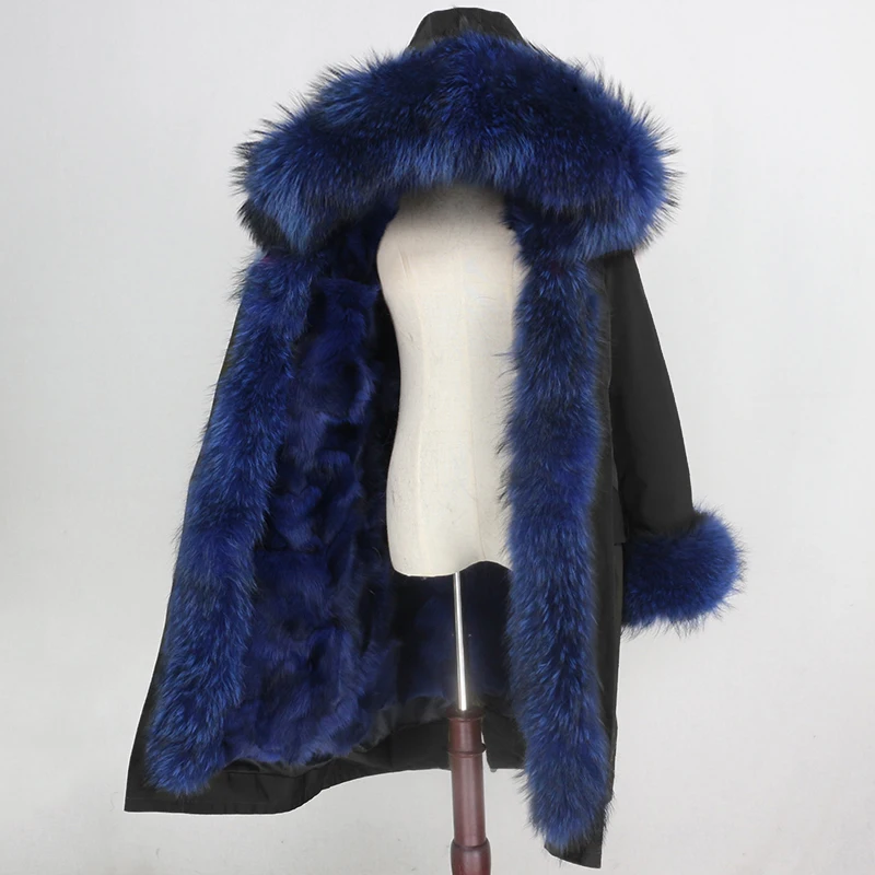 black blue F OFTBUY X-long Parka, водонепроницаемая тканевая зимняя куртка, Женское пальто с натуральным мехом енота, меховой воротник, капюшон, Лисий мех, съемная подкладка - Цвет: black blue F