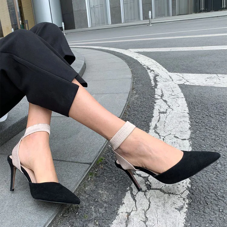 

Black Nubuck Leather Pointed Toe High Heels Ankle Elastic Strap Slingbacks